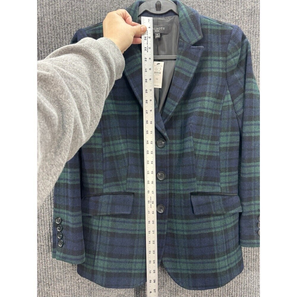Talbots 6P Green Black Watch Tartan Plaid Long Wool Blend Blazer Jacket NEW - Picture 8 of 11